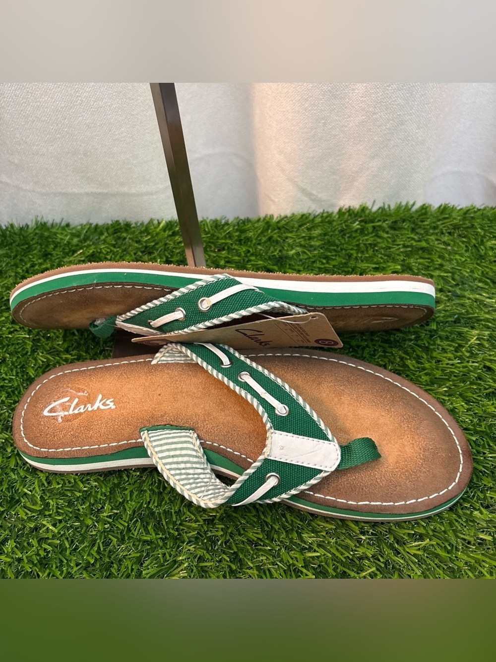 Clarks Green and White Striped Canvas Thong Sandals